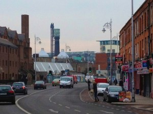 North King Street -- view toward the Jameson Distillery smokestack -- where density breaks down.