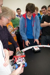 Richard Hayes leading the 2012 RoboSumo trials. (Photo by Shannon Chance, March 2012.)