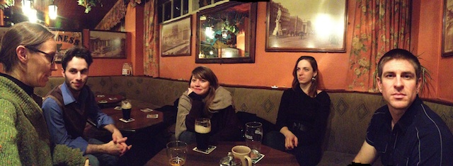 I wanted to get in the photo, too, so we all had to be very still while I took a panorama.  (Shannon Chance, Alexander MacDonald, Nora, Amanda Bernhard, and Jonathan Kennedy at Hughes Pub last night.)
