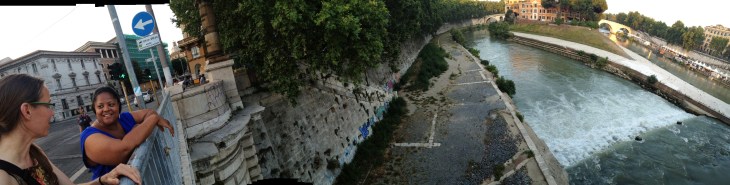 Viewing the site from across the Tiber, with Daisy.