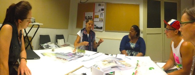 Taylor, Katie, Daisy, Cody, and me deep in conversation over a design proposal.