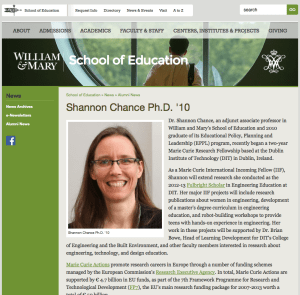 WM SOE almuni page https://education.wm.edu/news/alumninews/chance-2014.php